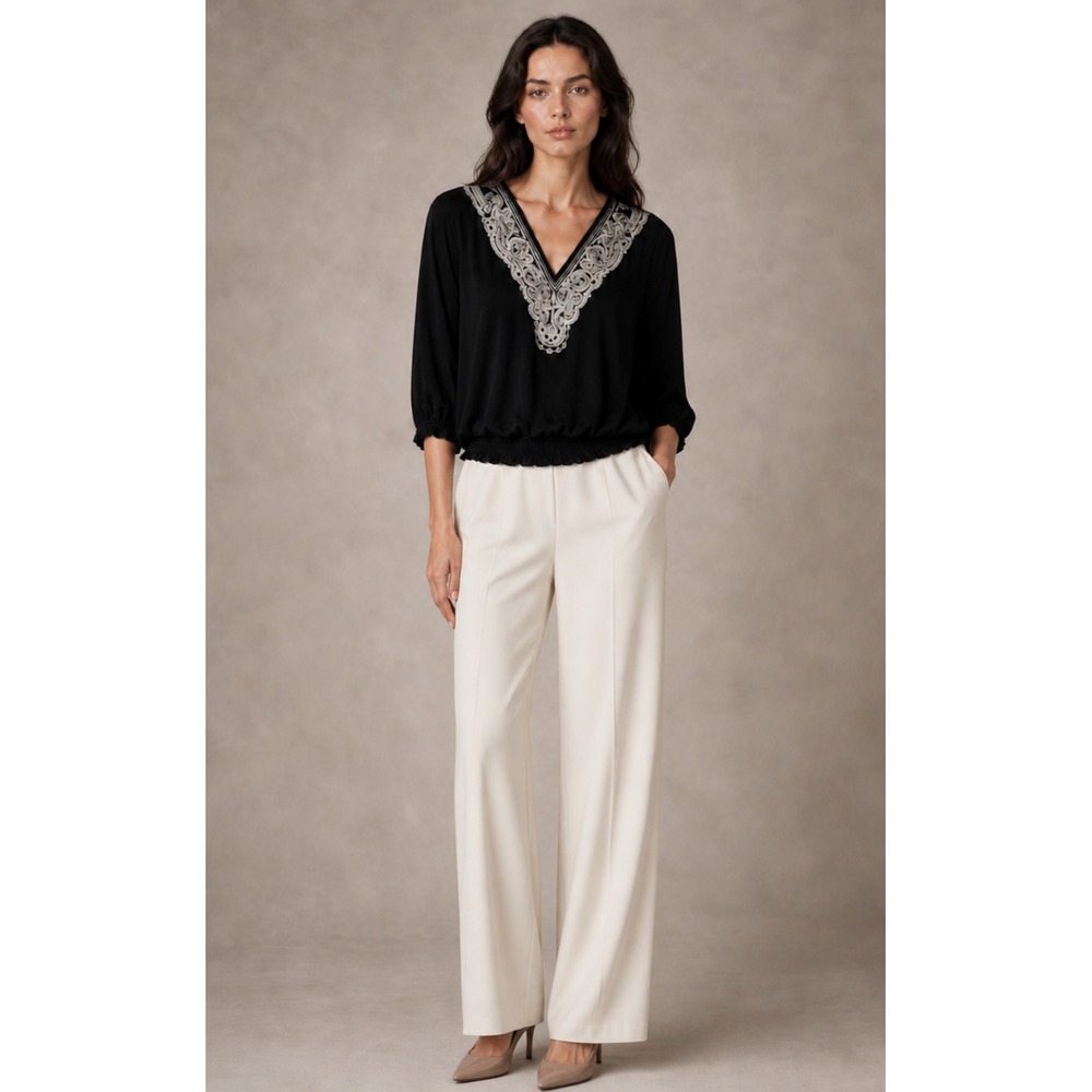 White House Black Market Top Womens S Black Silk Sparkle Embroidered Old Money